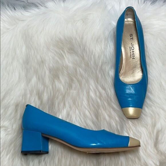 St. John Turquoise Leather Gold Tip Heels … - Picture 1 of 6